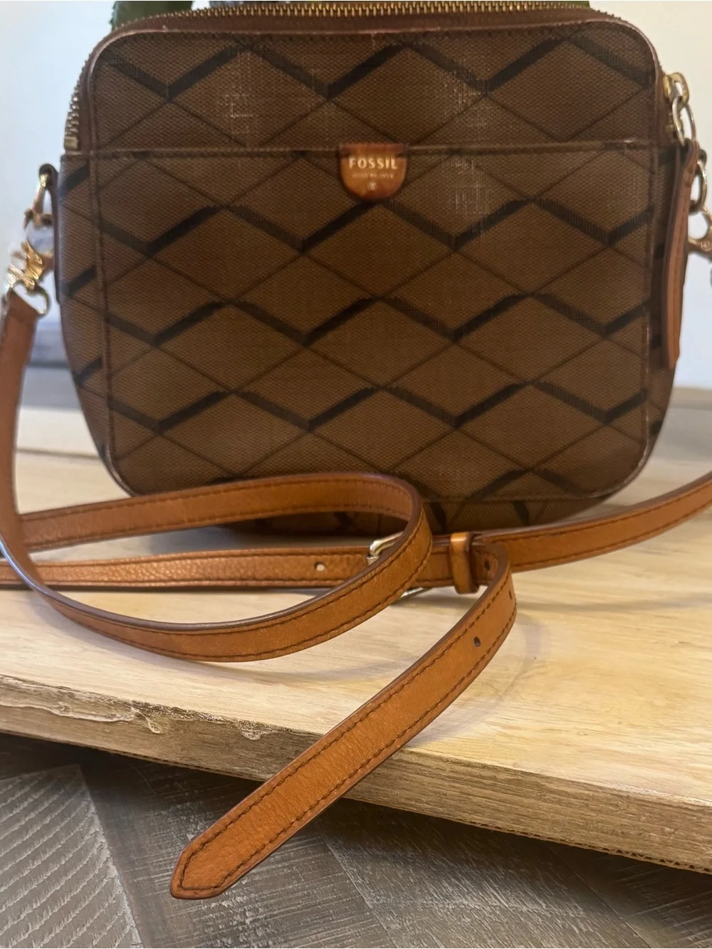 Fossil Brown Geometric Crossbody Purse Adjustable Strap